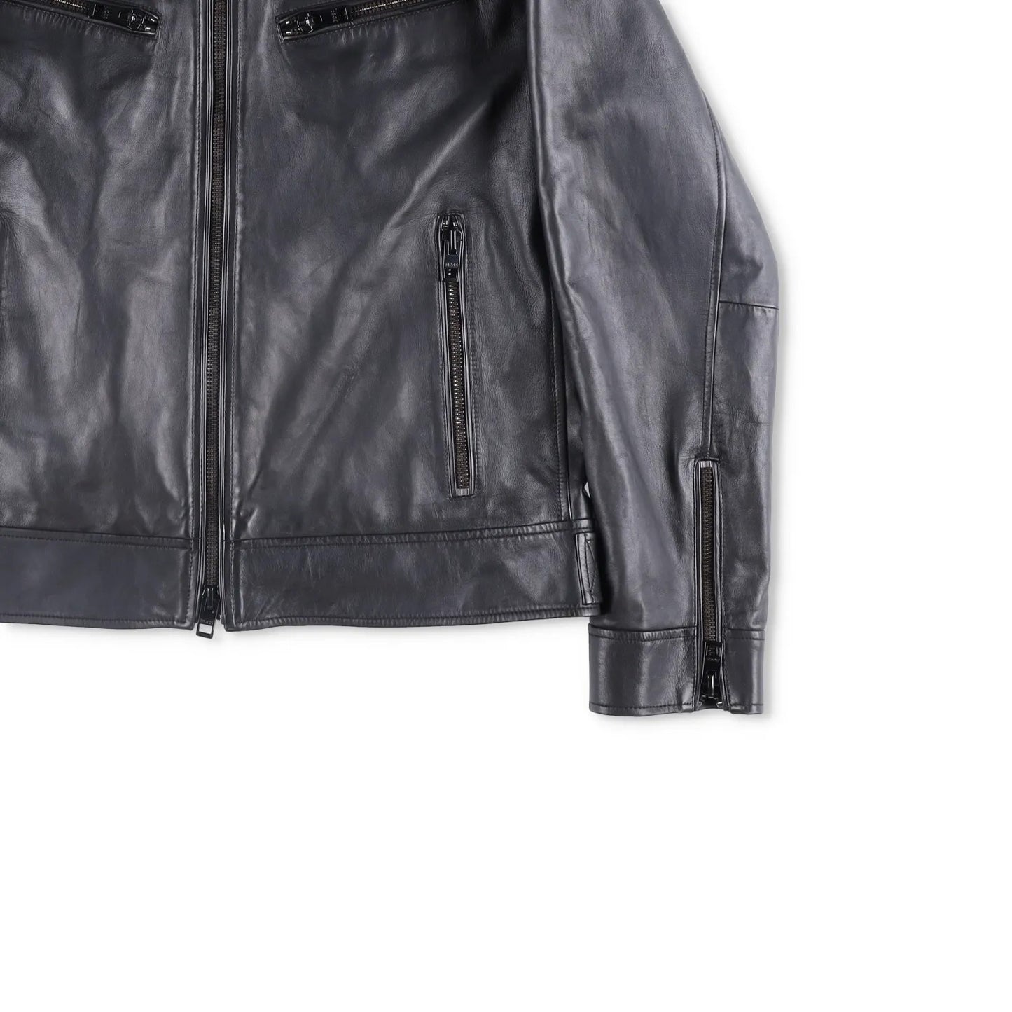 BOSS Mens Leather Biker Jacket Black Zip Closure Stand-Up Collar Size 52 RRP 450 — View 4