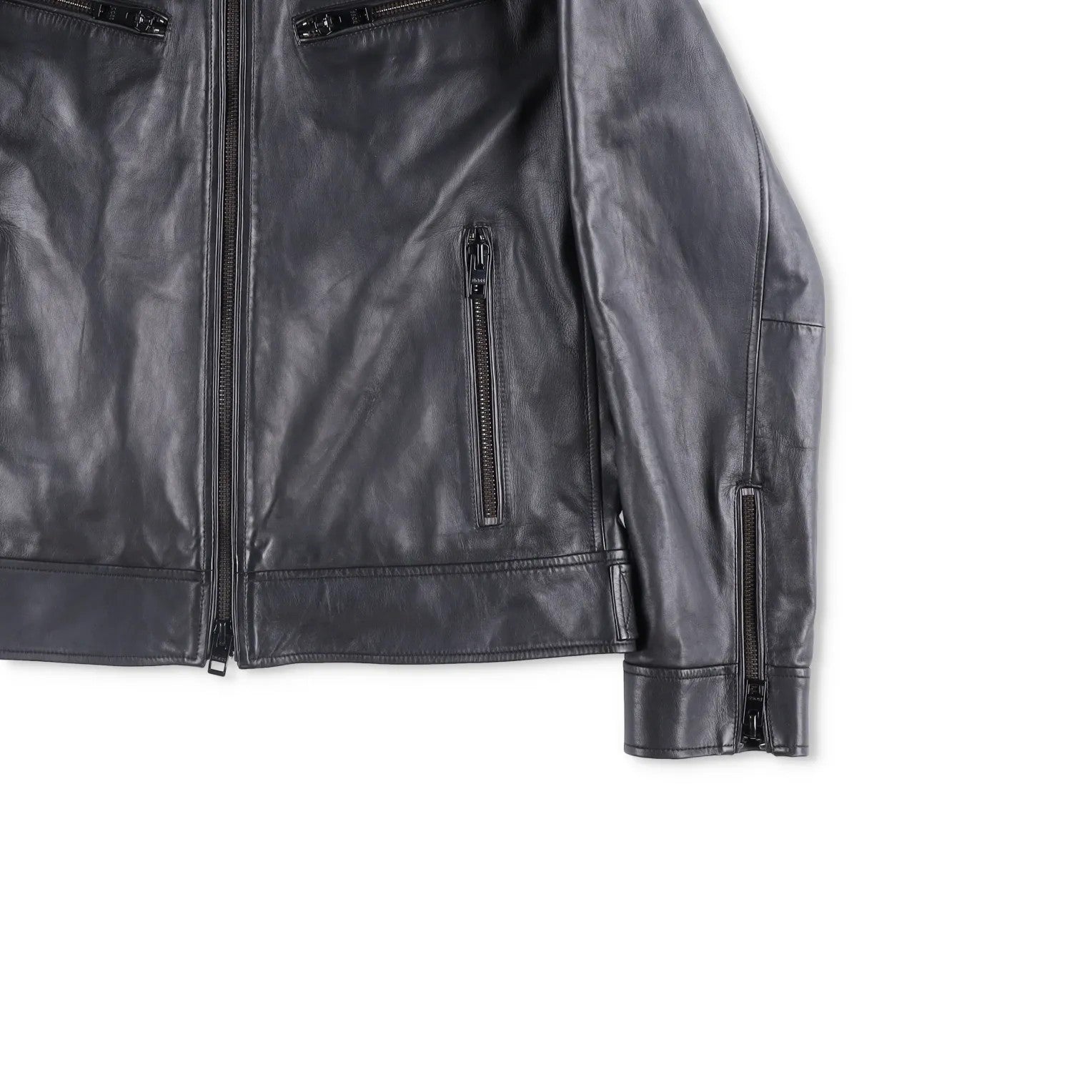 BOSS Mens Leather Biker Jacket Black Zip Closure Stand-Up Collar Size 52 RRP 450 — View 4