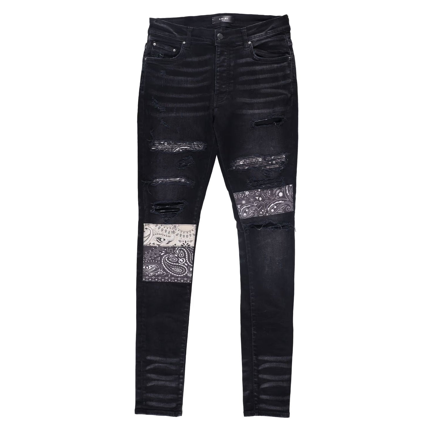 AMIRI Mens Vint Bandana Artpatch Skinny Jeans Black Embroidered Size 31 RRP 1290