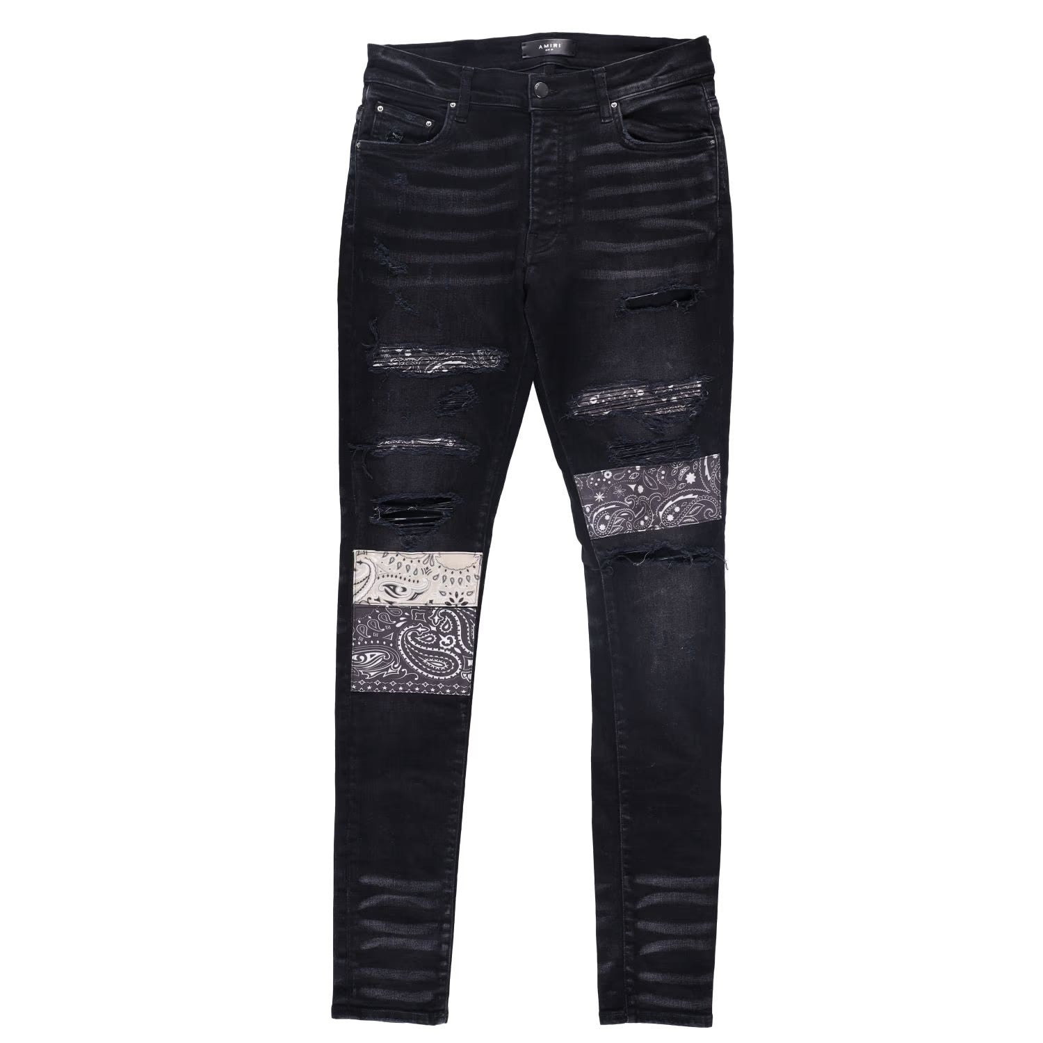 AMIRI Mens Vint Bandana Artpatch Skinny Jeans Black Embroidered Size 31 RRP 1290