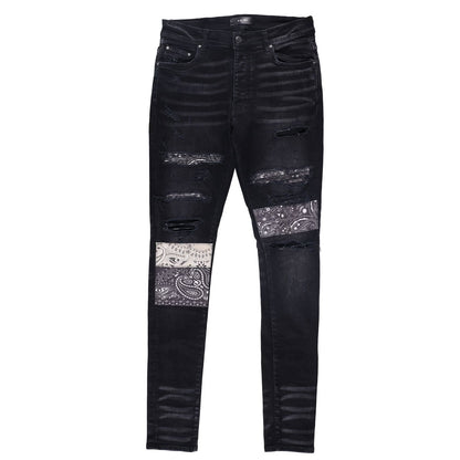 AMIRI Mens Vint Bandana Artpatch Skinny Jeans Black Embroidered Size 31 RRP 1290
