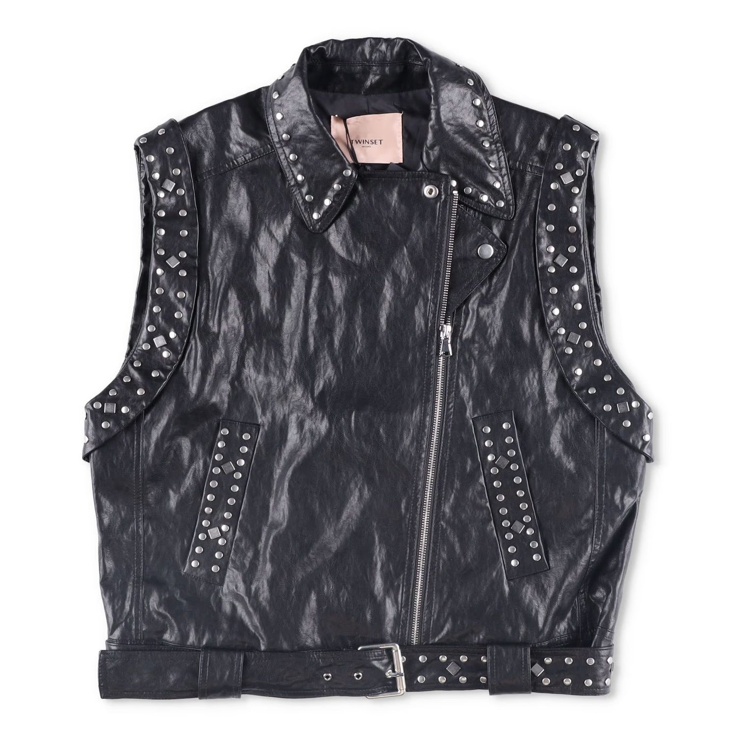 TWINSET Womens Sleevless Leather Biker Jacket Black Studded Size 42 RRP 300