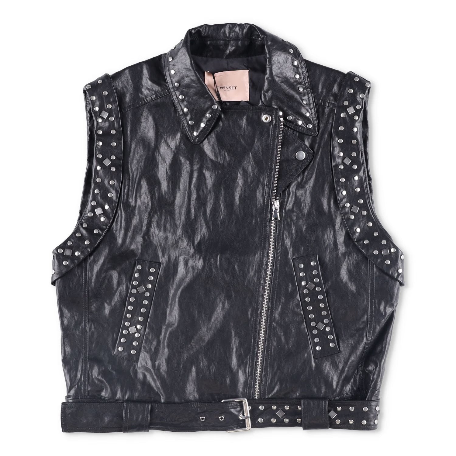 TWINSET Womens Sleevless Leather Biker Jacket Black Studded Size 42 RRP 300
