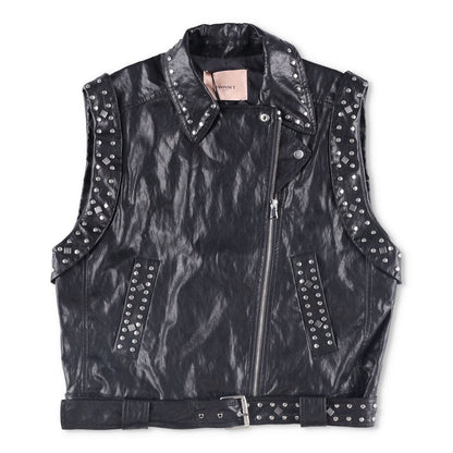 TWINSET Womens Sleevless Leather Biker Jacket Black Studded Size 42 RRP 300