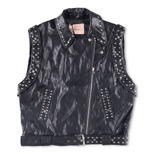 TWINSET Womens Sleevless Leather Biker Jacket Black Studded Size 42 RRP 300