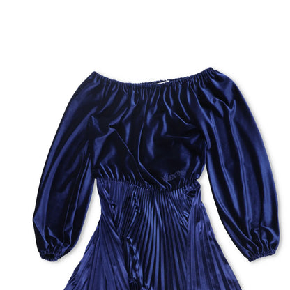Valentino Womens Midi Dress Blue Velvet Pleated Long Balloon Sleeve XS RRP 1800 — View 3