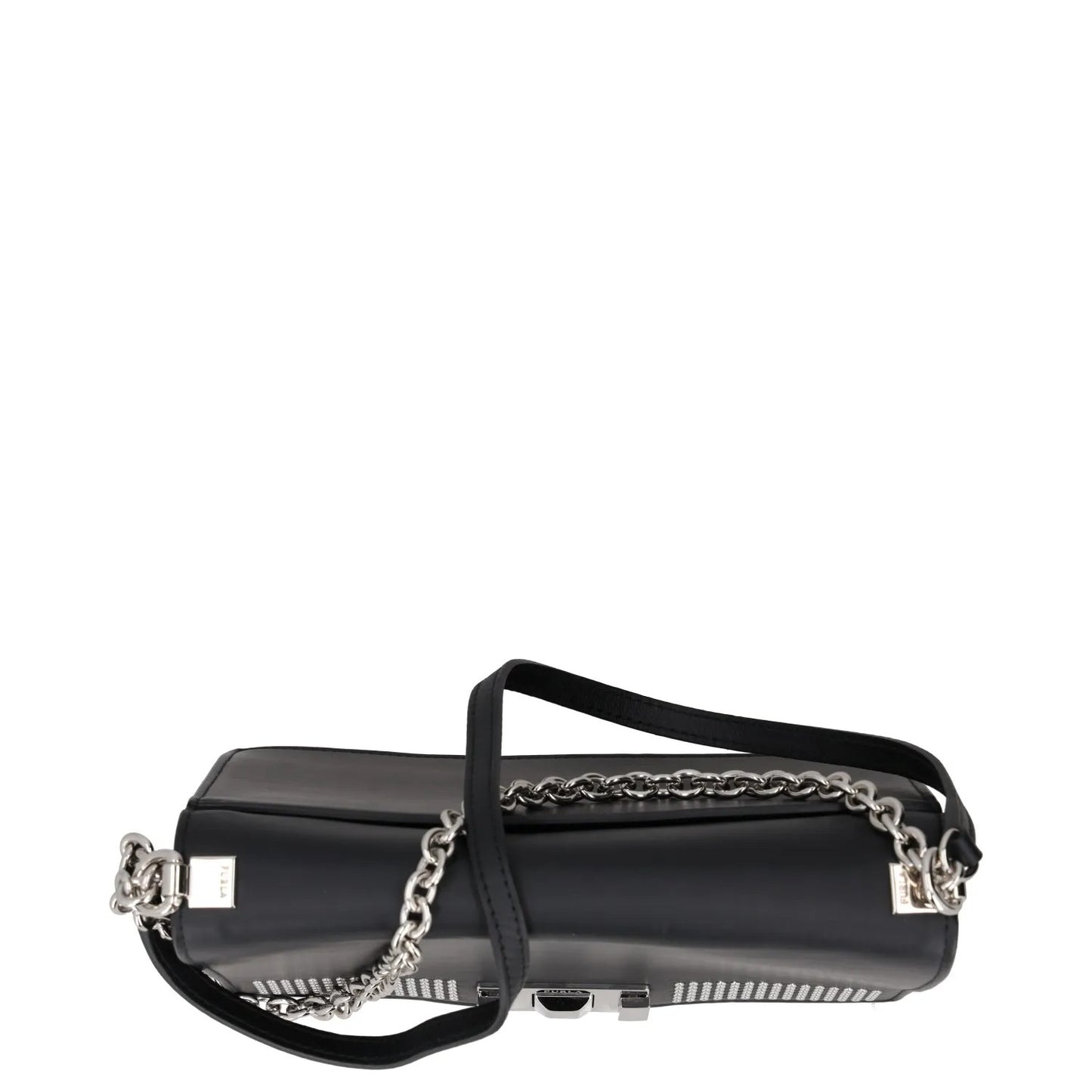 FURLA Womens Shoulder Handbag Black Leather Chain Strap Silver Hardware M RRP250 — View 7