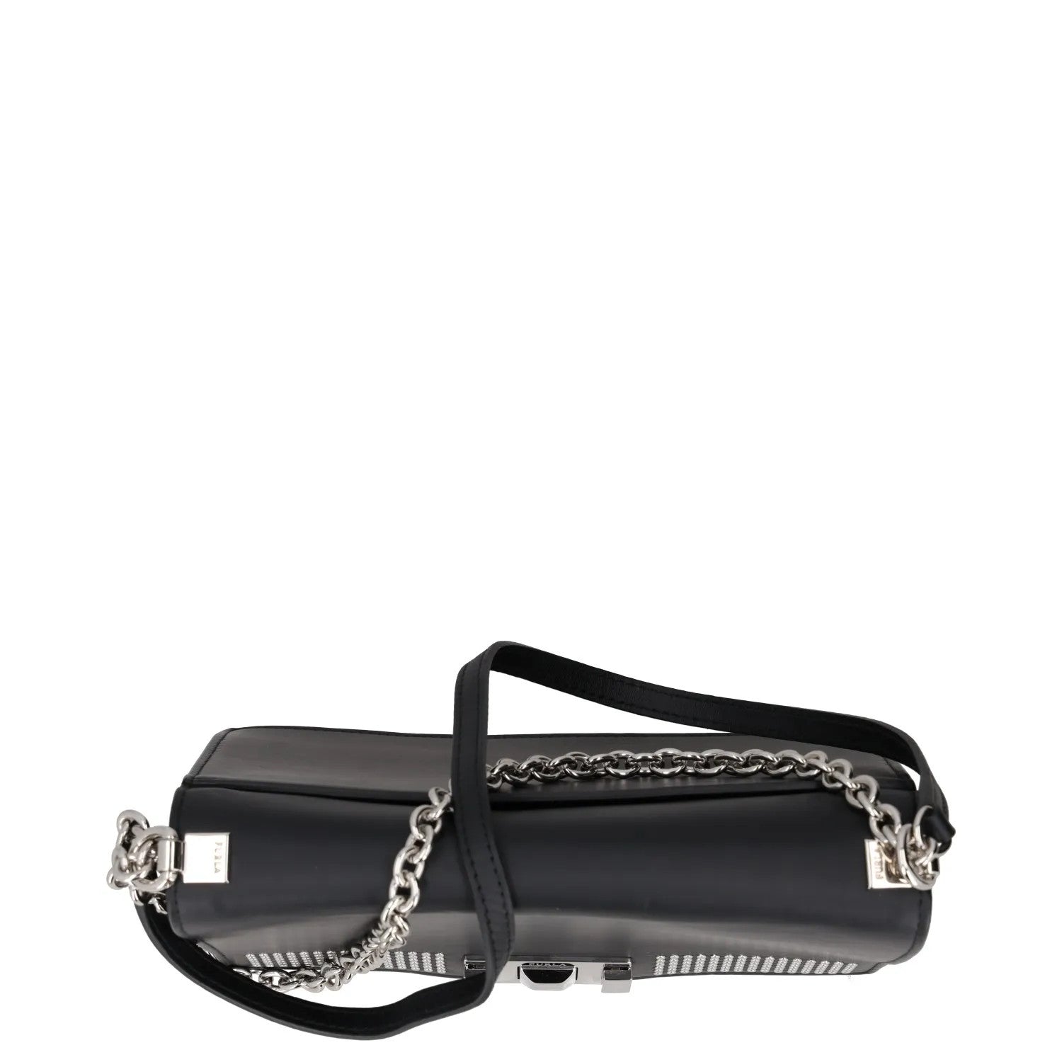 FURLA Womens Shoulder Handbag Black Leather Chain Strap Silver Hardware M RRP250 — View 7