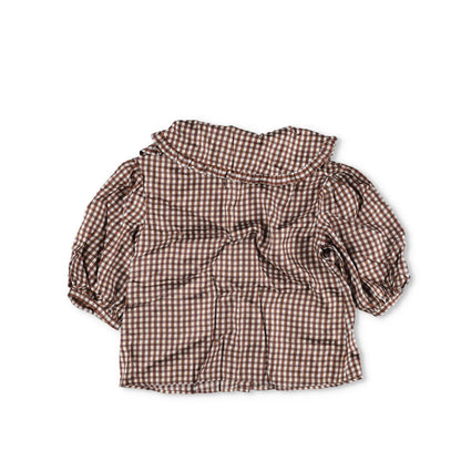 SHRIMPS Womens Silk Blouse Brown Check Collared Puff Sleeve Button Up 8 RRP 500 — View 4