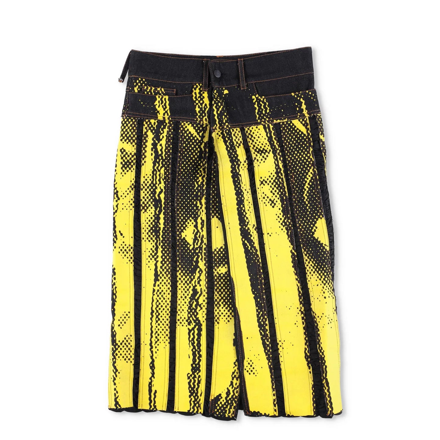 FEBEN Womens Charriot Biker Skirt Yellow Denim Button Striped Knee 34 RRP 1235 — View 2