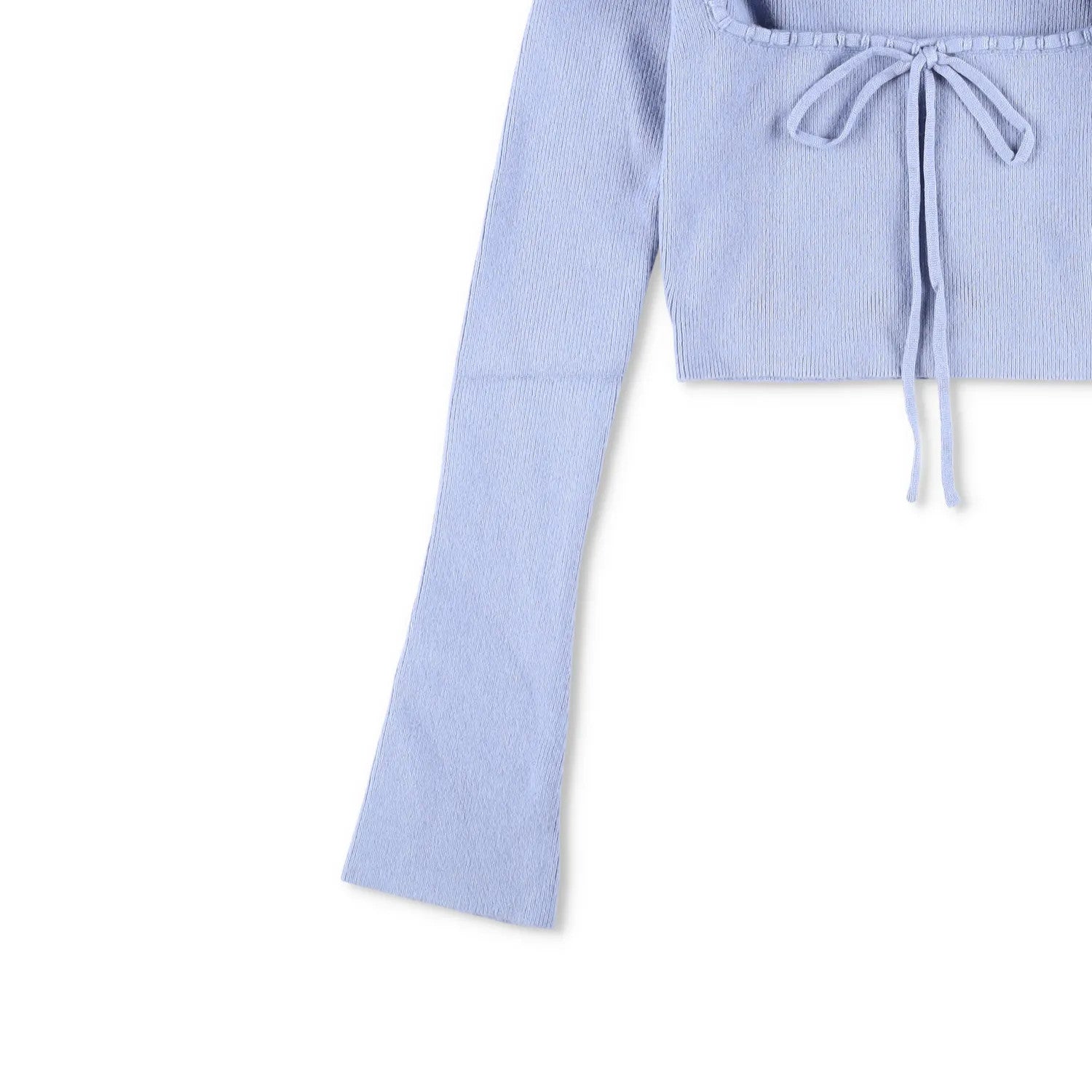 DANIELLE GUIZIO Women Bow Knit Sweater Long Flared Sleeve Cropped Blue XL RRP195 — View 3