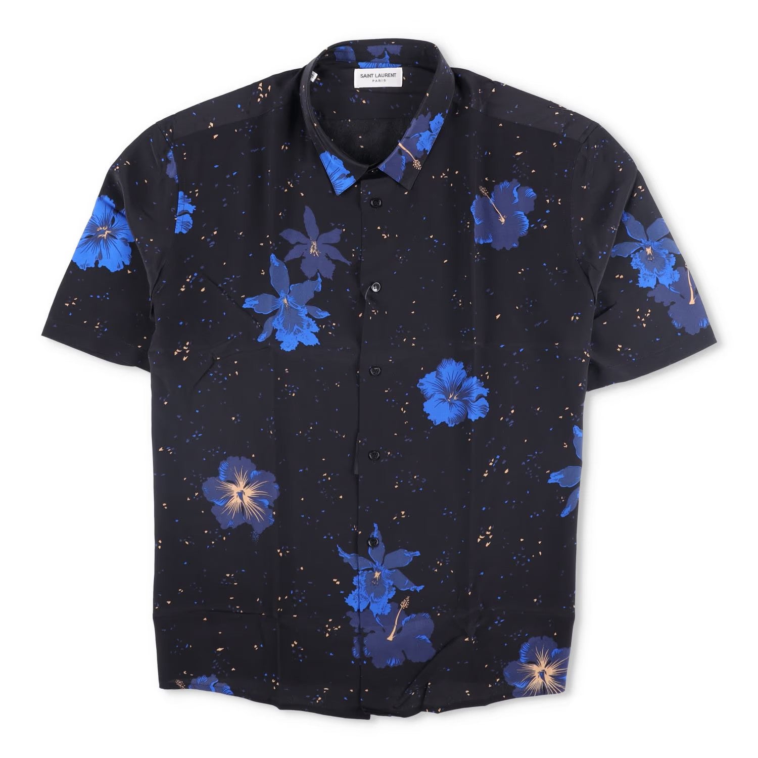 SAINT LAURENT Mens Shirt Silk Print Button-Up Black Short Sleeve Size 41 RRP 950