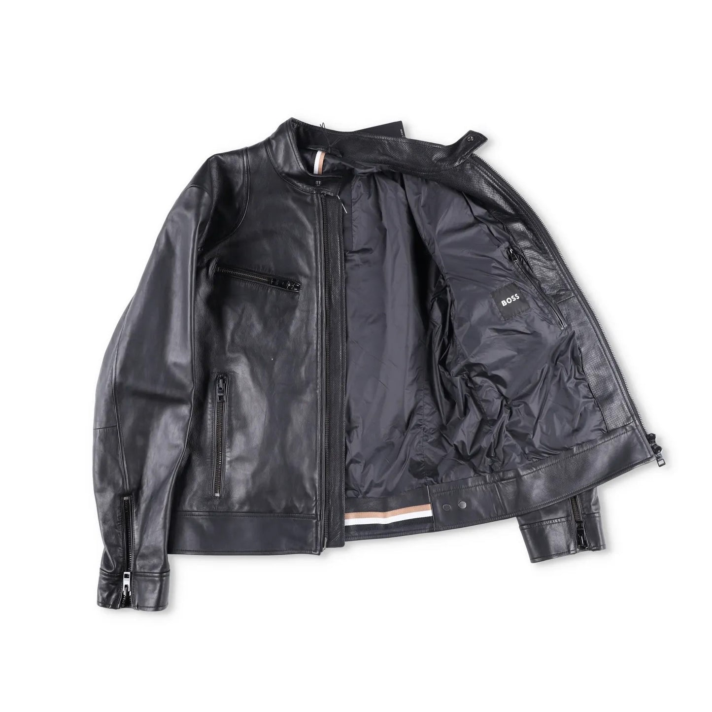 BOSS Mens Leather Biker Jacket Black Zip Closure Stand-Up Collar Size 52 RRP 450 — View 7
