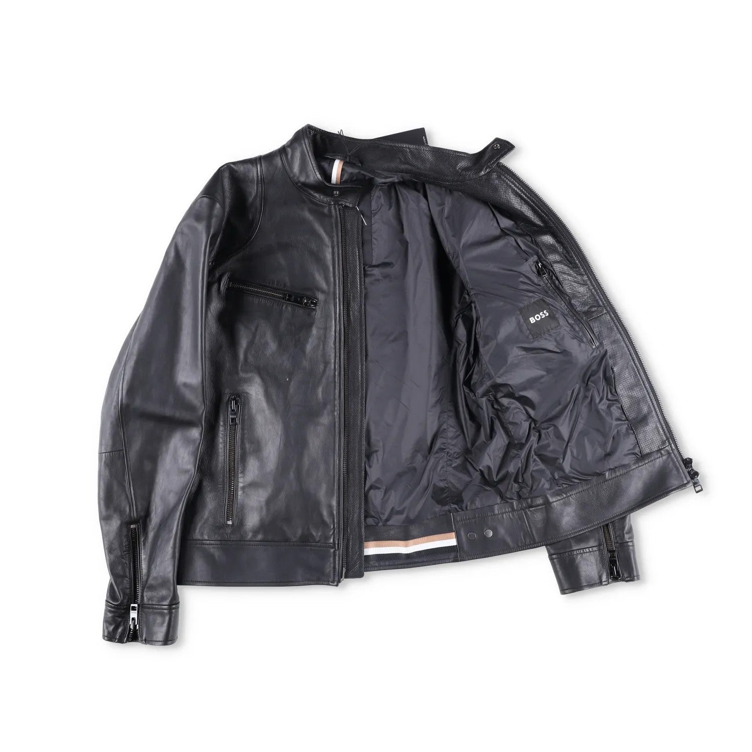 BOSS Mens Leather Biker Jacket Black Zip Closure Stand-Up Collar Size 52 RRP 450 — View 7