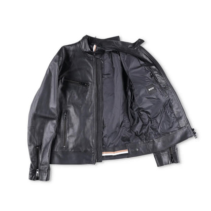 BOSS Mens Leather Biker Jacket Black Zip Closure Stand-Up Collar Size 52 RRP 450 — View 7