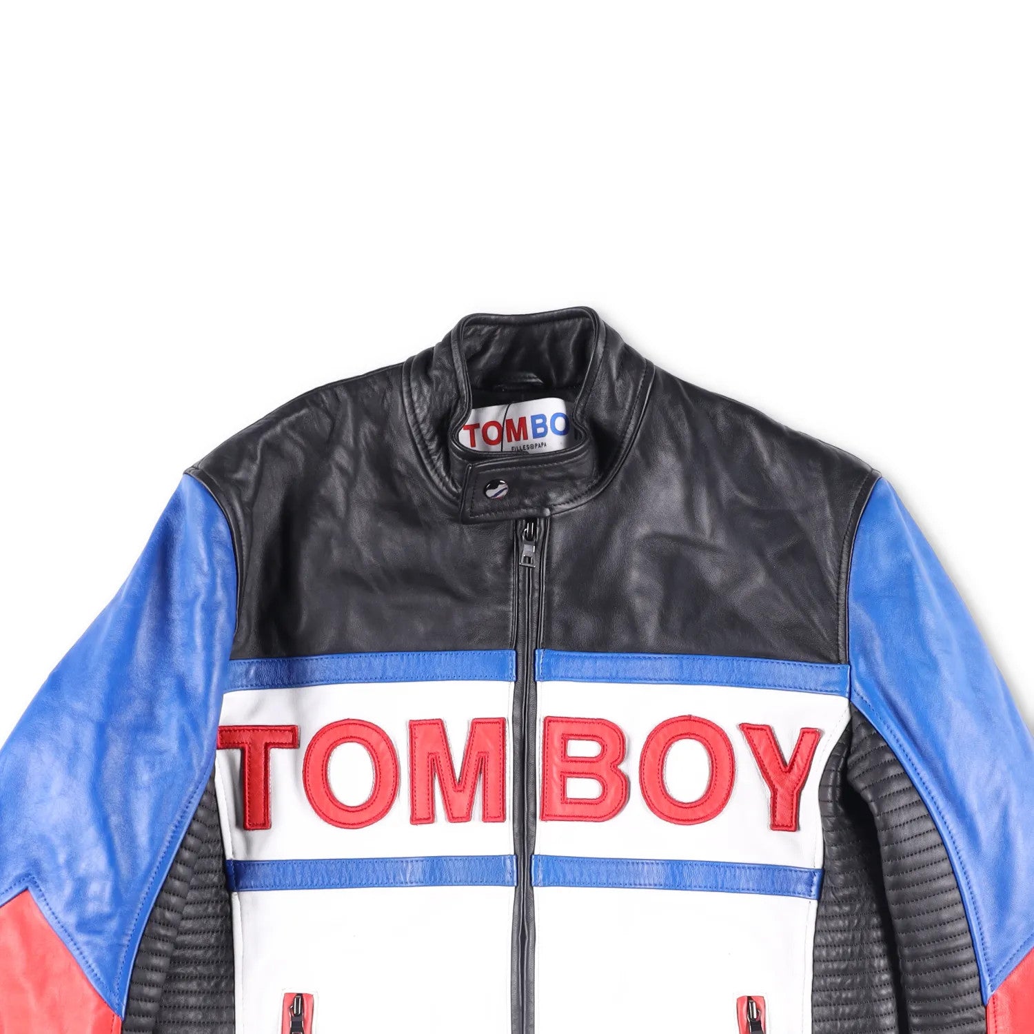 TOM BOY BY FILLES PAPA Mens Leather Jacket Black White Red Blue Size M RRP 700 — View 2