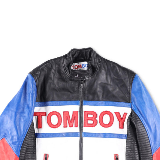 TOM BOY BY FILLES PAPA Mens Leather Jacket Black White Red Blue Size M RRP 700 — View 2