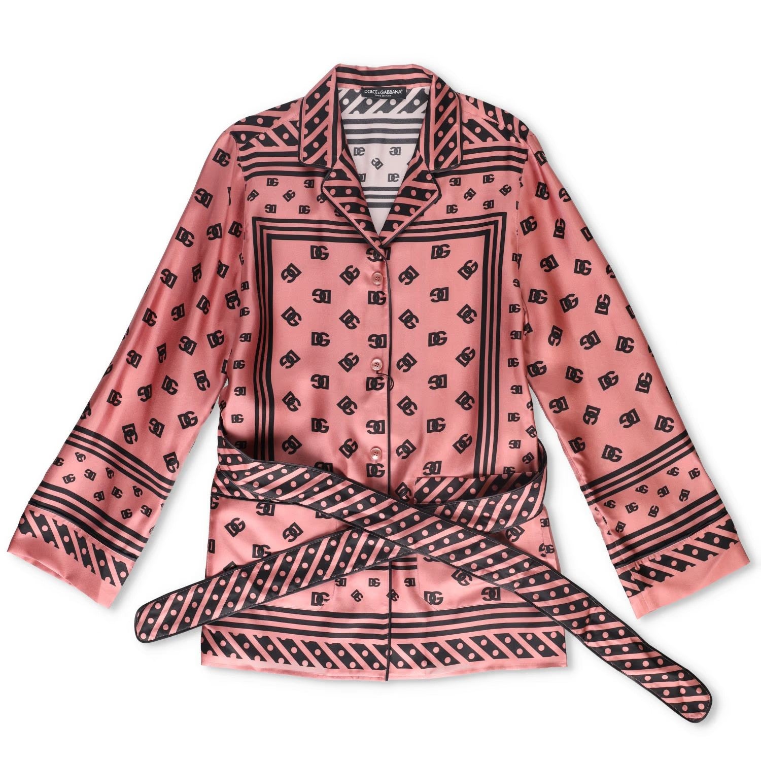 DOLCE & GABBANA Womens Dolce Allover Logo Blouse Belted Silk Pink 40 RRP 2100 — View 10