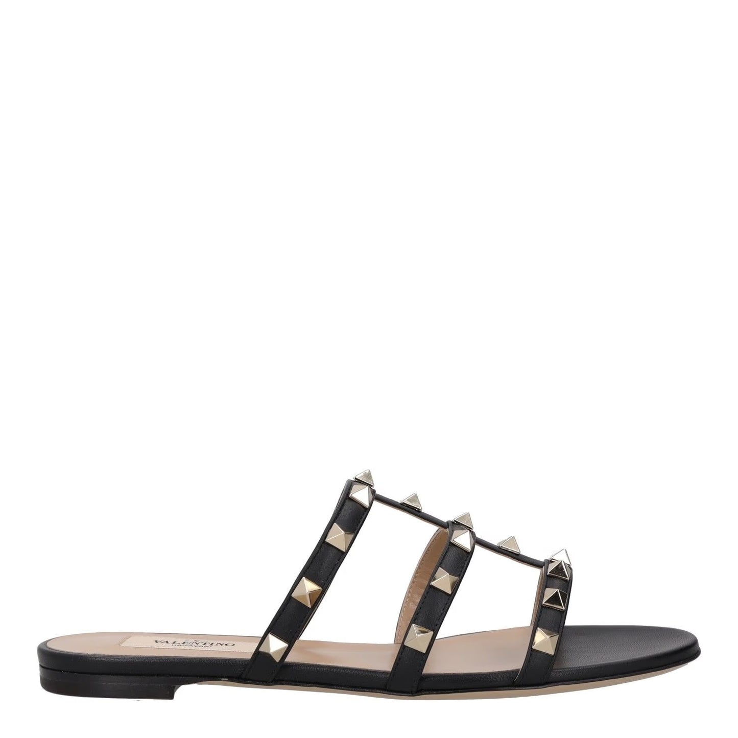 VALENTINO Womens Studded Flat Sandals Black Leather Open Toe UK 2 RRP 680