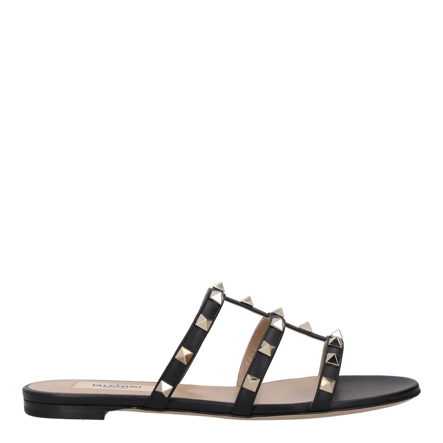 VALENTINO Womens Studded Flat Sandals Black Leather Open Toe UK 2 RRP 680
