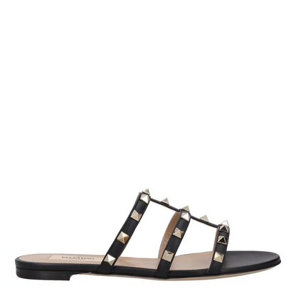 VALENTINO Womens Studded Flat Sandals Black Leather Open Toe UK 2 RRP 680