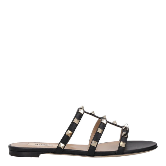 VALENTINO Womens Studded Flat Sandals Black Leather Open Toe UK 2 RRP 680