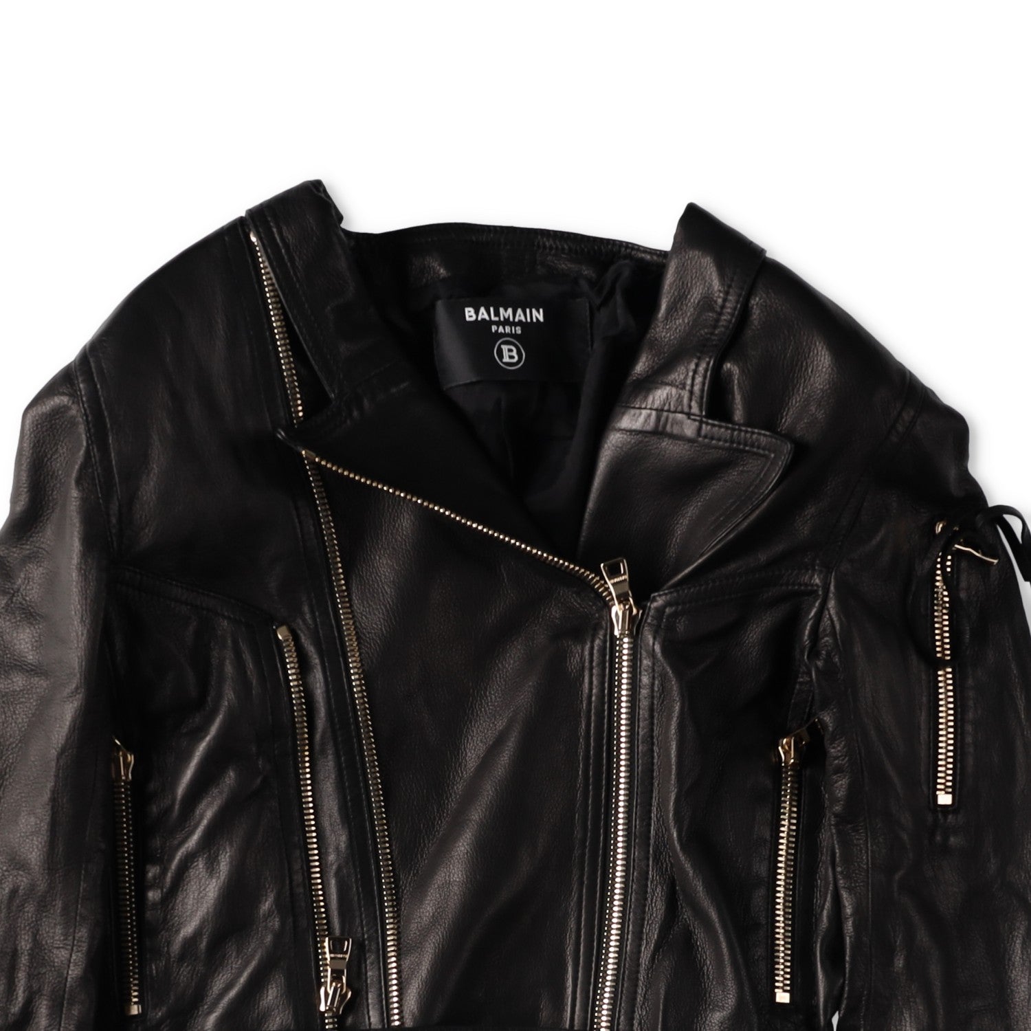 BALMAIN Womens Leather Cropped Biker Jacket Zippers Black Designer RRP3000 — View 3