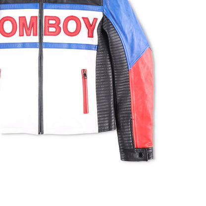 TOM BOY BY FILLES PAPA Mens Leather Jacket Black White Red Blue Size M RRP 700 — View 4