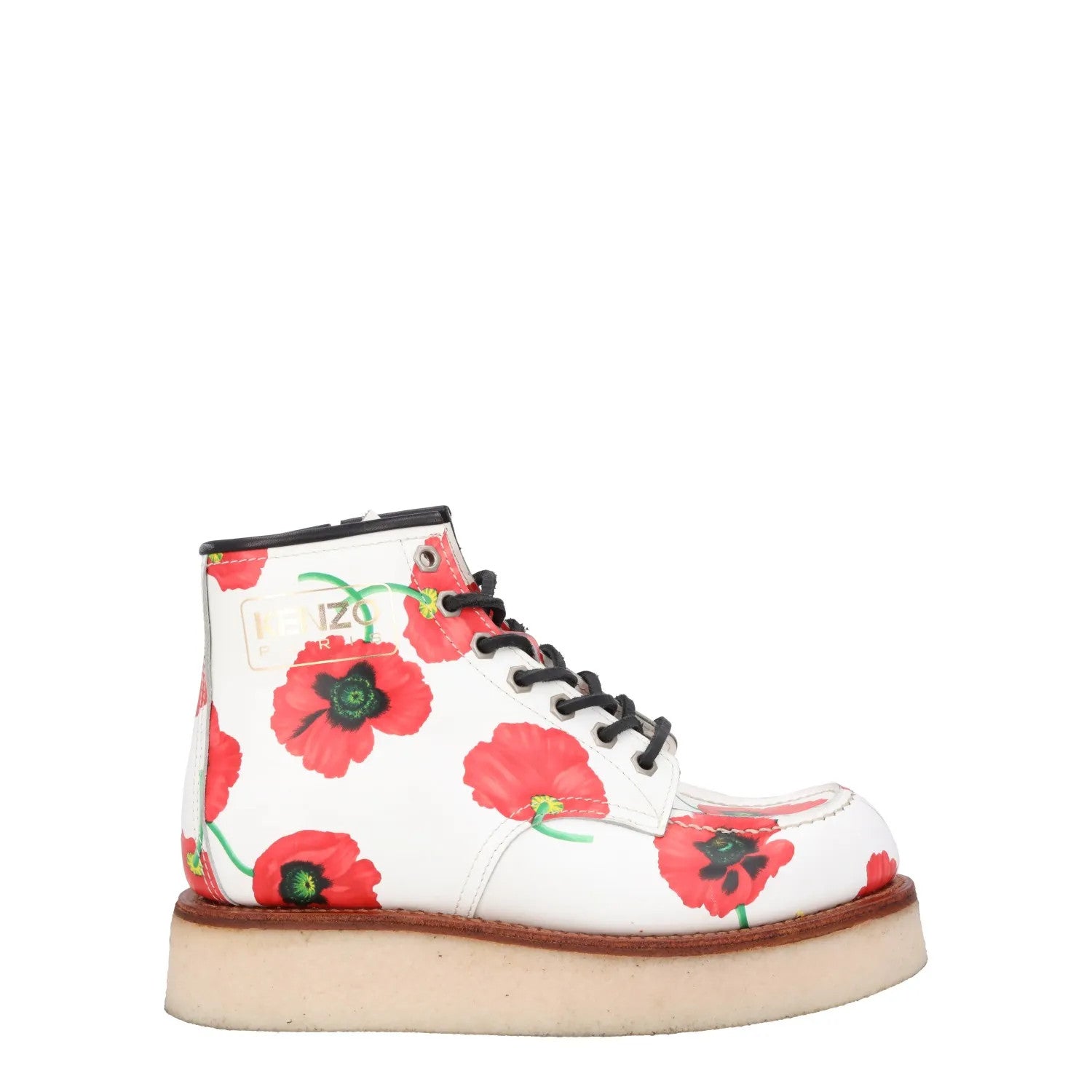 KENZO Womens Yama Lace Up Bootie Leather Floral White Flat Heel Size 37 RRP 735