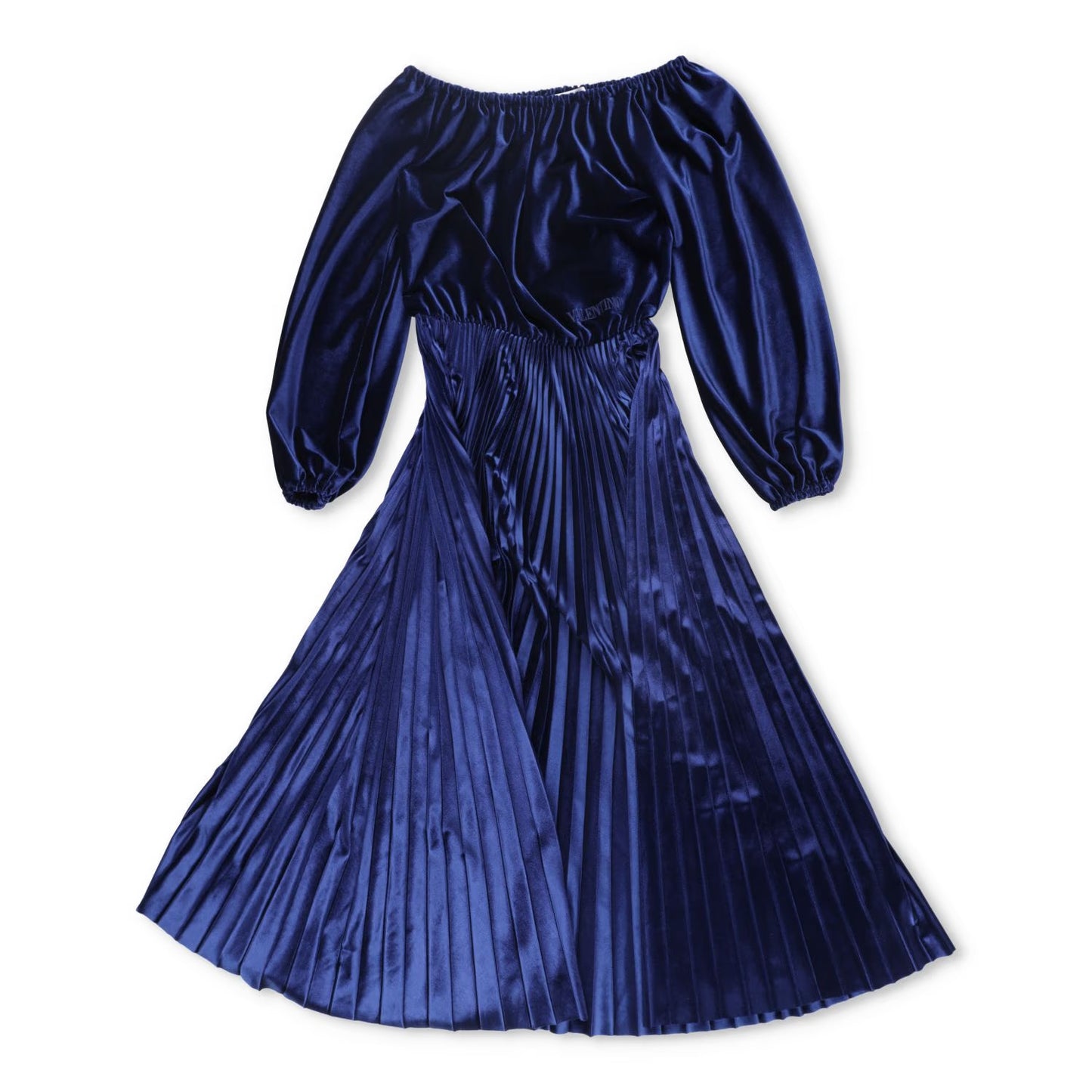 Valentino Womens Midi Dress Blue Velvet Pleated Long Balloon Sleeve XS RRP 1800 — View 2