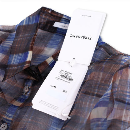 SALVATORE FERRAGAMO Women Sheer Shirt Long Sleeve Check Button Brown 40 RRP1150 — View 7