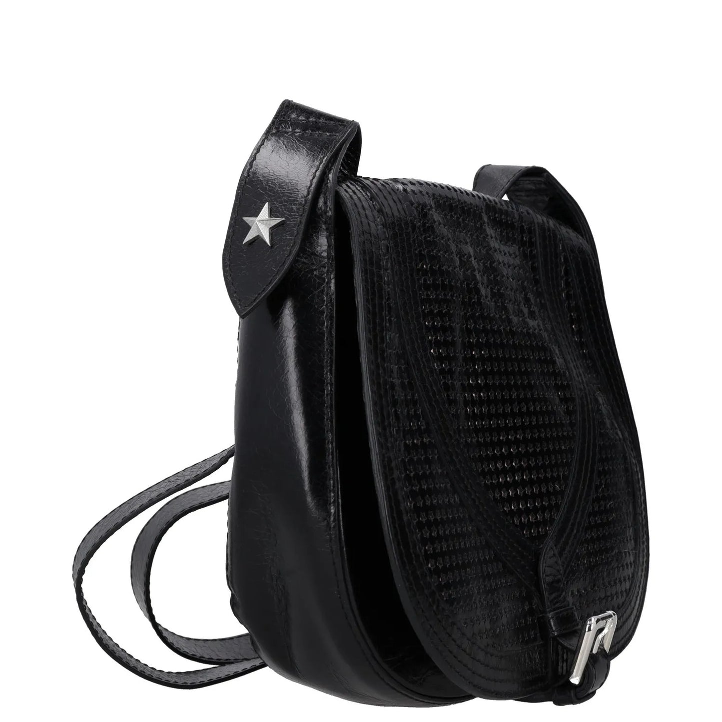 JUST CAVALLI Womens Saddle Handbag Black Leather Silver Buckle Closure M RRP 300 — View 6