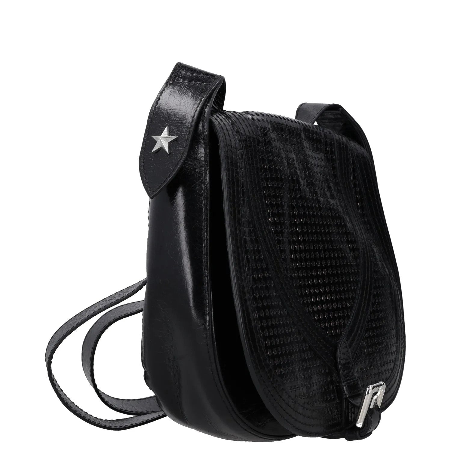 JUST CAVALLI Womens Saddle Handbag Black Leather Silver Buckle Closure M RRP 300 — View 6