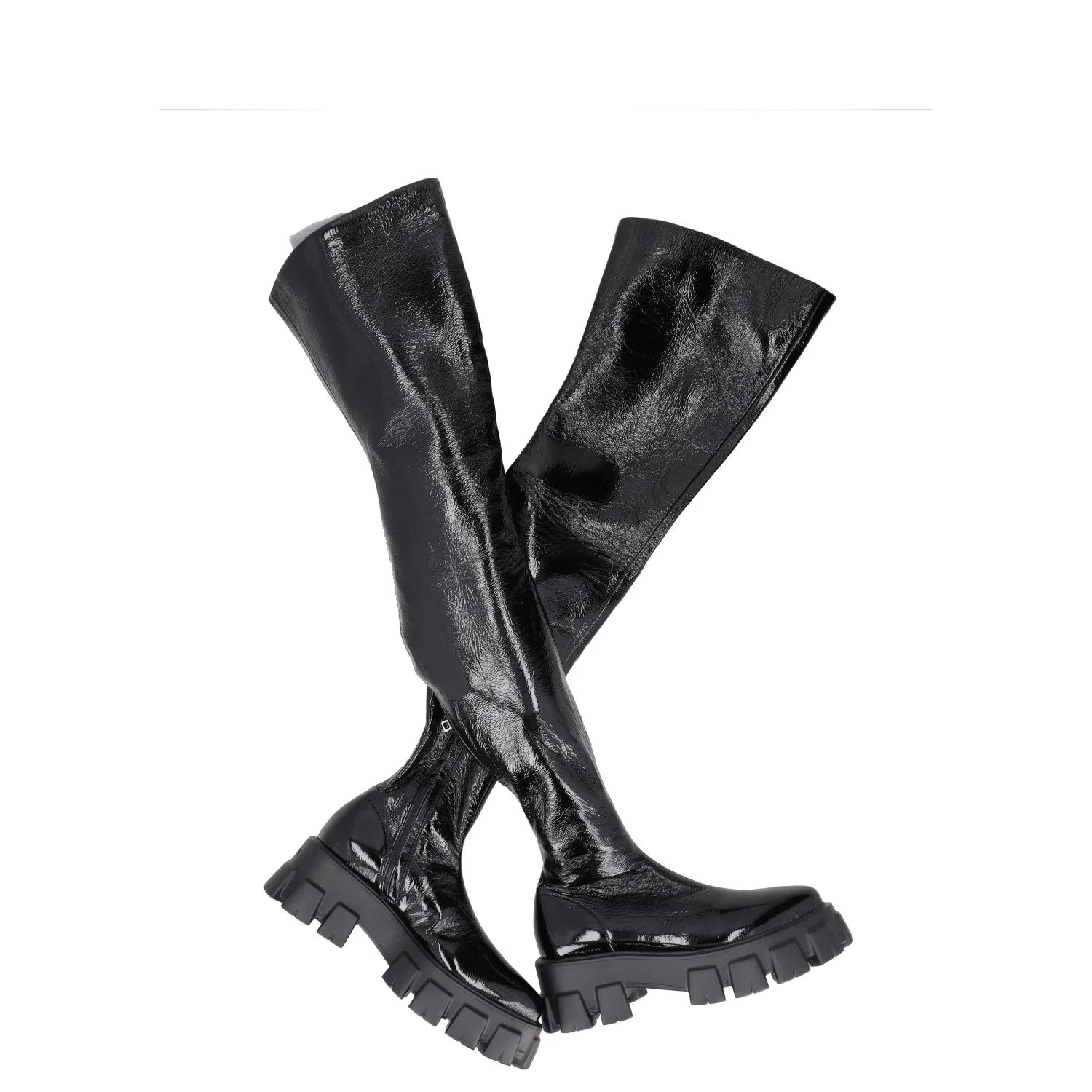PRADA Womens Thigh High Boots Black Leather Shiny Chunky Sole UK 5 RRP 1600 — View 2