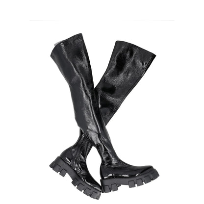 PRADA Womens Thigh High Boots Black Leather Shiny Chunky Sole UK 5 RRP 1600 — View 2