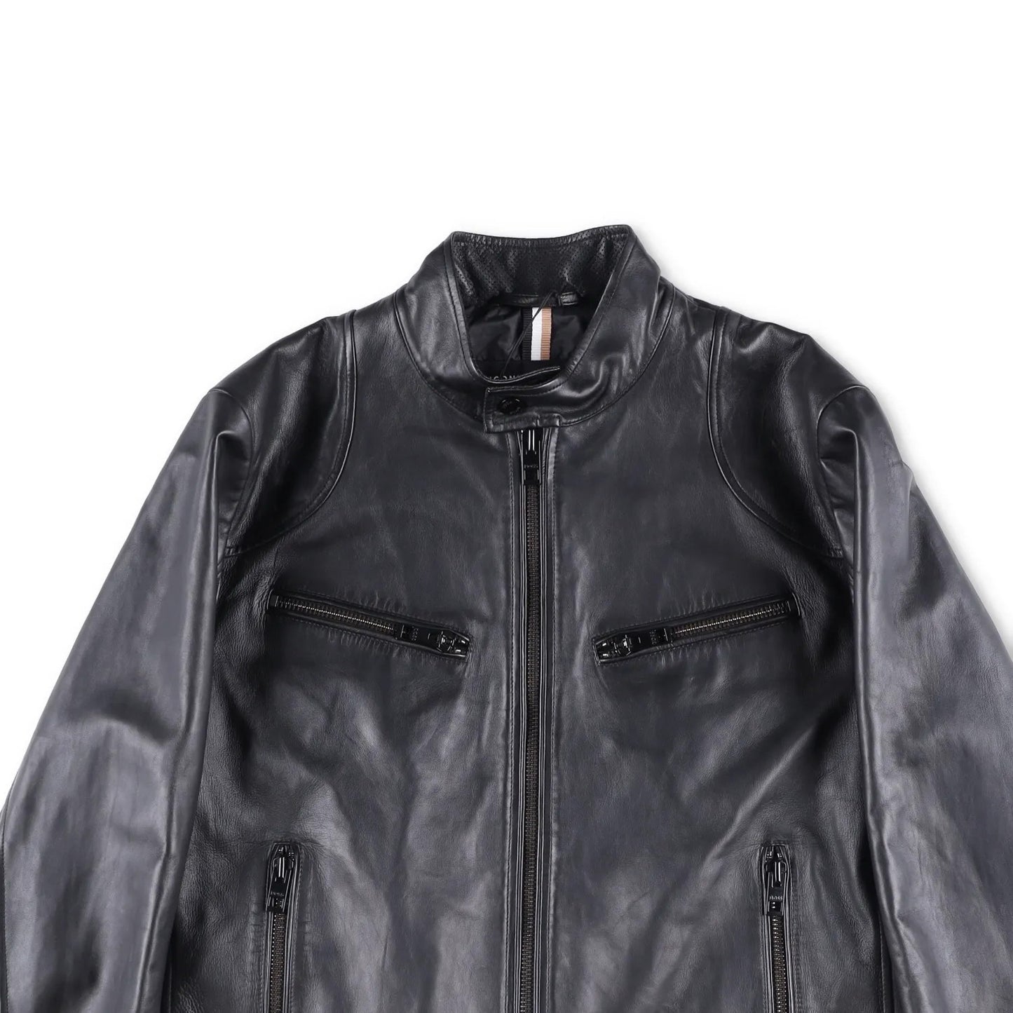 BOSS Mens Leather Biker Jacket Black Zip Closure Stand-Up Collar Size 52 RRP 450 — View 2