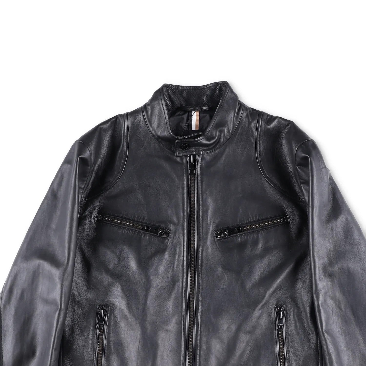 BOSS Mens Leather Biker Jacket Black Zip Closure Stand-Up Collar Size 52 RRP 450 — View 2