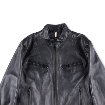 BOSS Mens Leather Biker Jacket Black Zip Closure Stand-Up Collar Size 52 RRP 450 — View 2