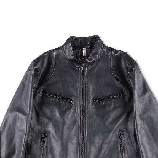 BOSS Mens Leather Biker Jacket Black Zip Closure Stand-Up Collar Size 52 RRP 450 — View 2