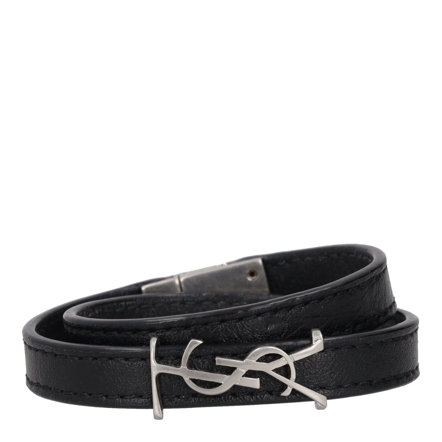 SAINT LAURENT Womens Bracelet Black Leather Silver YSL Buckle Size S RRP 255