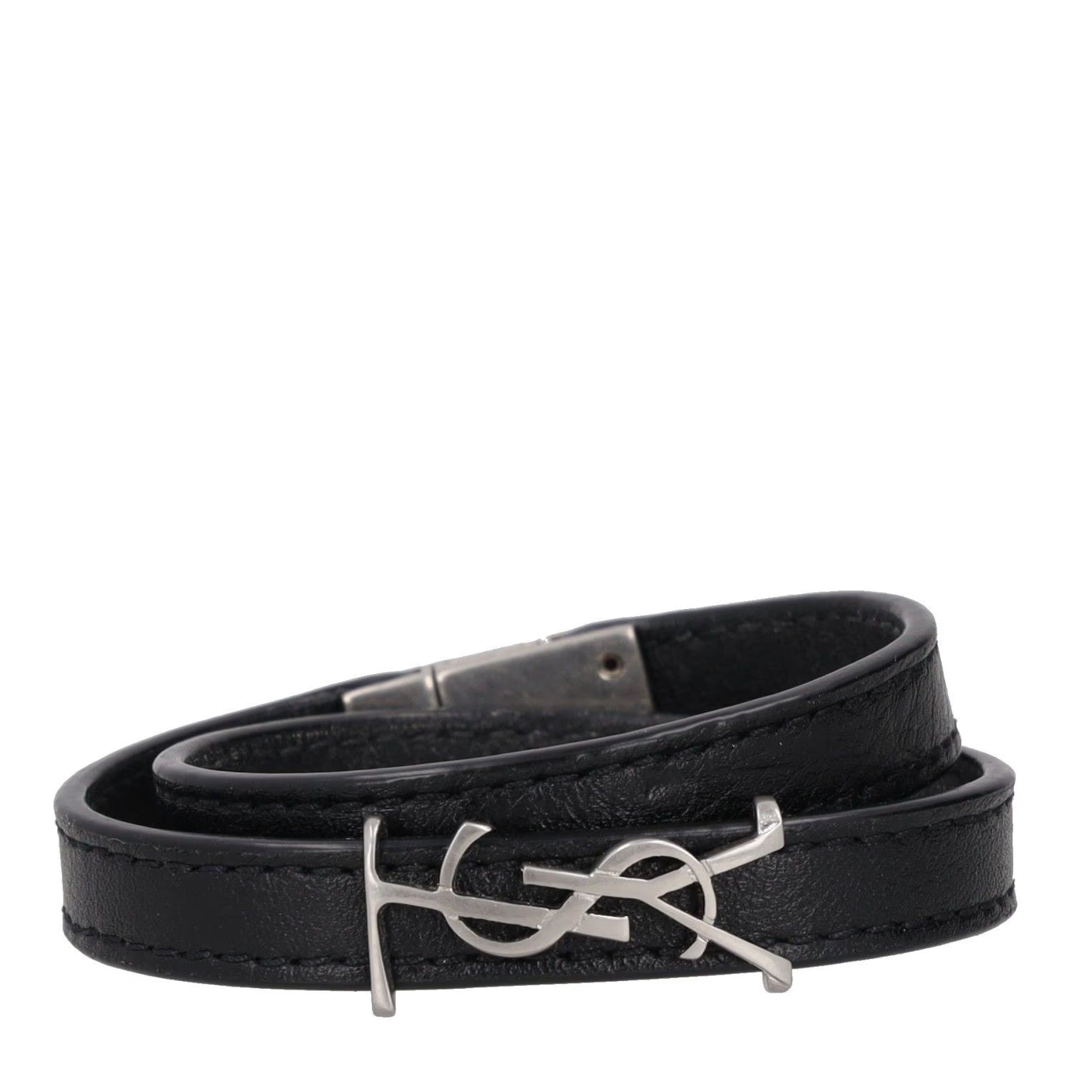 SAINT LAURENT Womens Bracelet Black Leather Silver YSL Buckle Size S RRP 255