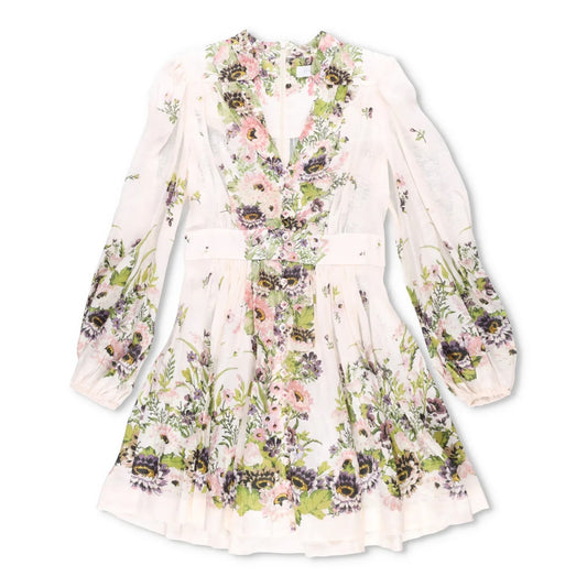 ZIMMERMANN Womens Halliday Long Sleeve Plunge Print Mini Dress Multi 1 RRP 695