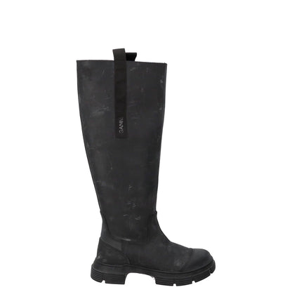 GANNI Womens Round Toe Knee High Boots Leather Rubber Toecap Black UK 5 RRP 445