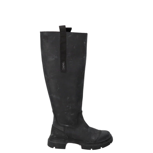 GANNI Womens Round Toe Knee High Boots Leather Rubber Toecap Black UK 5 RRP 445