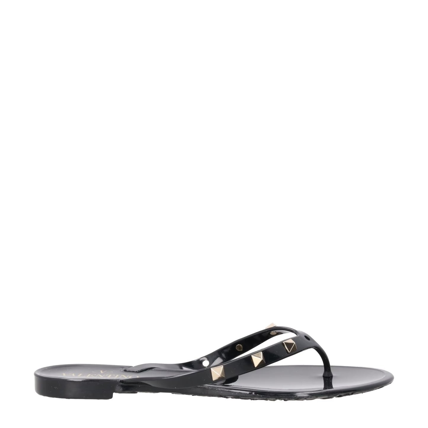 VALENTINO Womens Rockstud Black PVC Flat Sandals Gold Studs Open Toe EU35 RRP380
