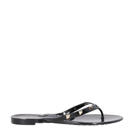 VALENTINO Womens Rockstud Black PVC Flat Sandals Gold Studs Open Toe EU35 RRP380