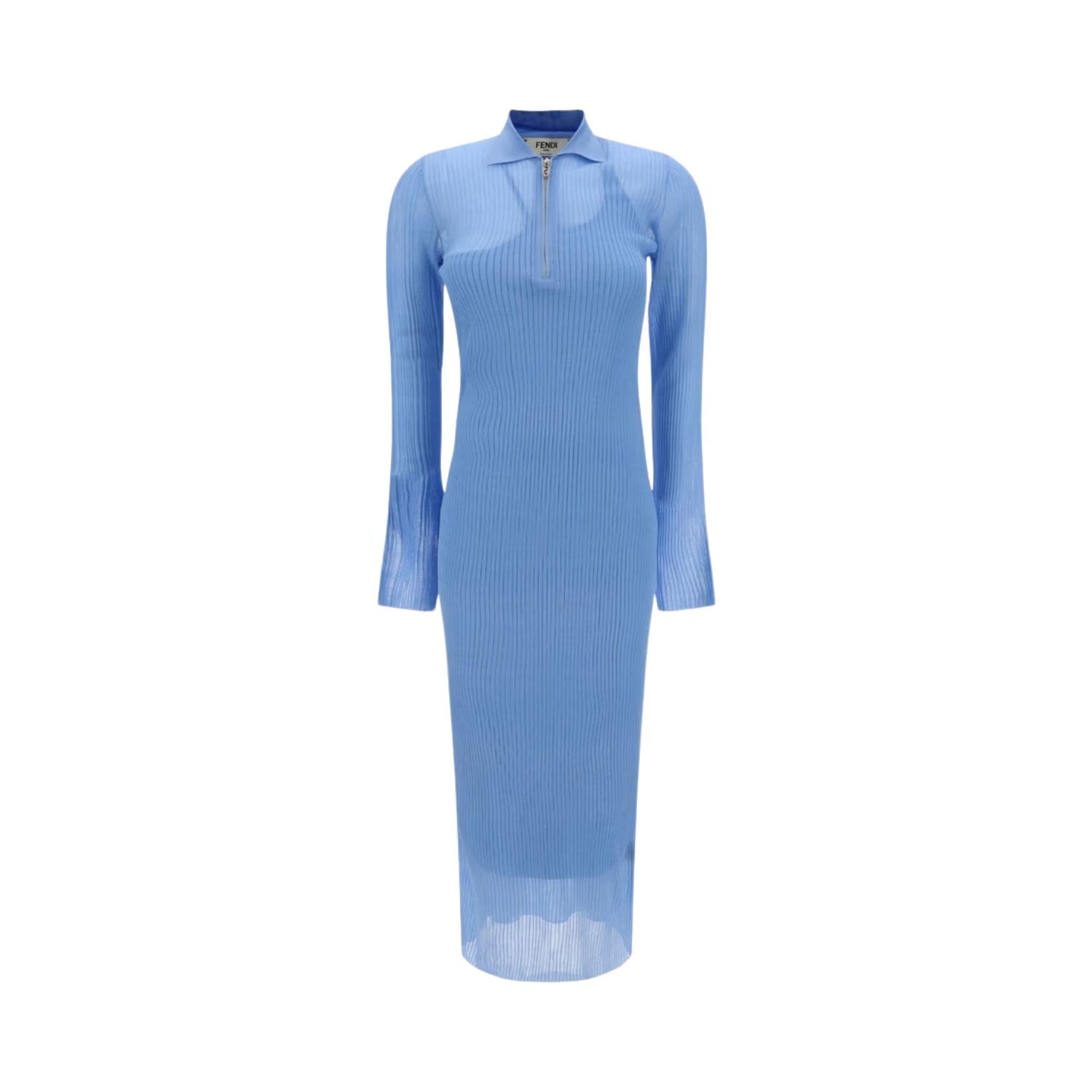 FENDI Womens Maxi Dress Collar Neck Long Sleeve Mesh Ribbd Silk Blue 40 RRP 2380