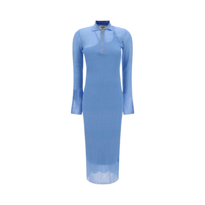 FENDI Womens Maxi Dress Collar Neck Long Sleeve Mesh Ribbd Silk Blue 40 RRP 2380