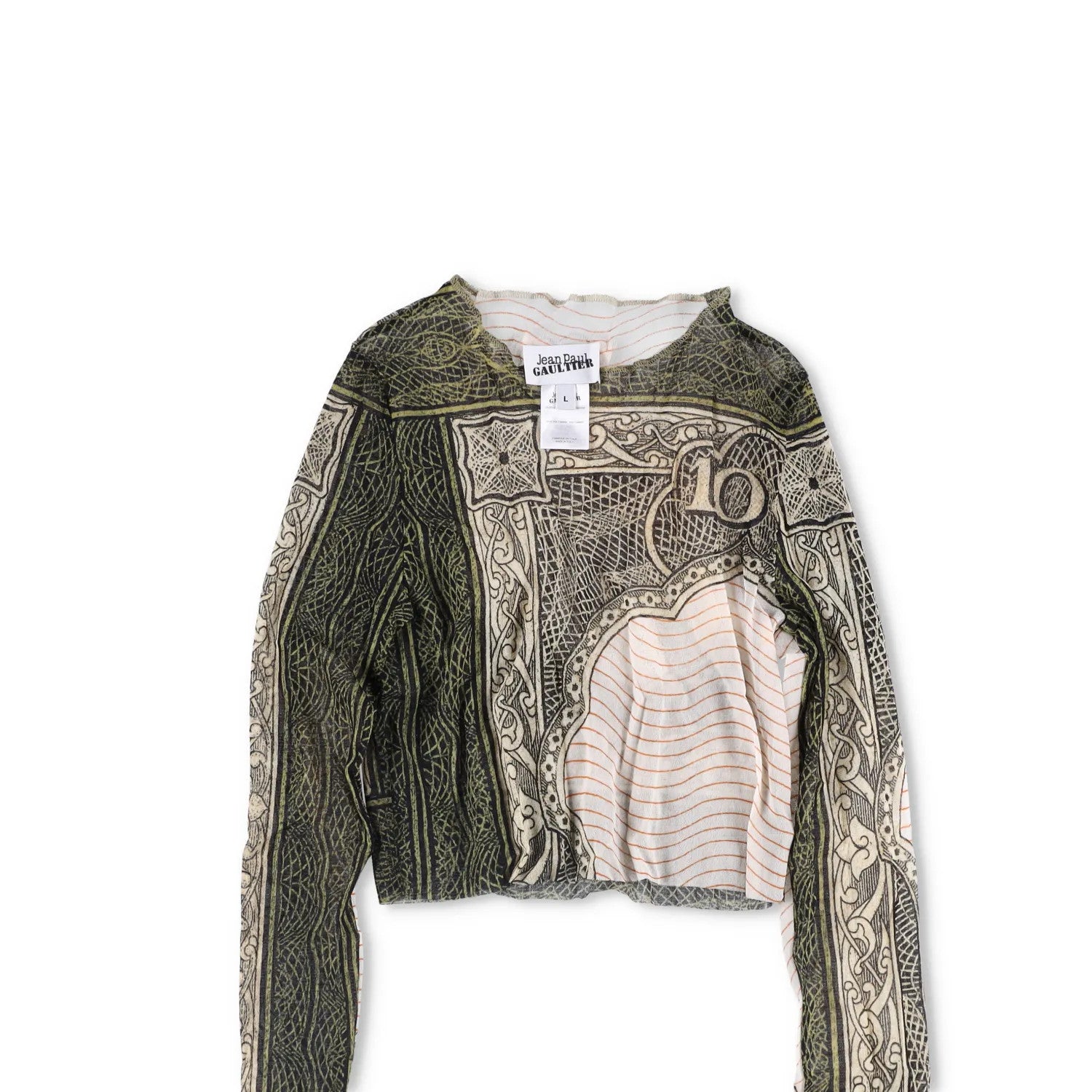 JEAN PAUL GAULTIER Cartouche Printed Mesh Crop Top Multicoloured Size L RRP 270 — View 2