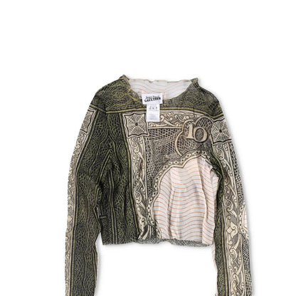 JEAN PAUL GAULTIER Cartouche Printed Mesh Crop Top Multicoloured Size L RRP 270 — View 2